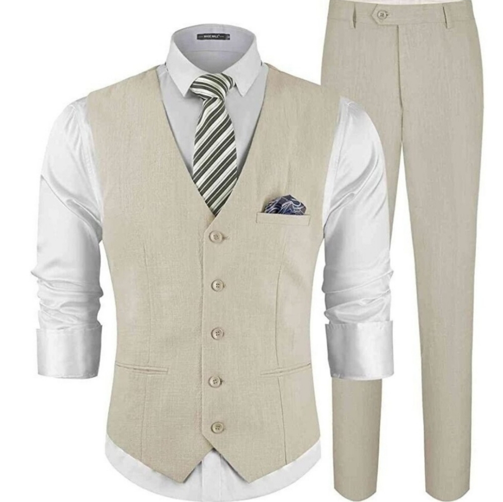 MAGE MALE Men's Linen 2 Piece Suit Slim Fit Vest Pants Set w/ Pocket Square SZ S